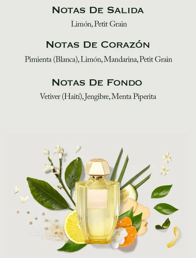 A bottle of Creed Acqua Originale Citrus Bigarade perfume surrounded by ingredients with fragrance notes listed above NOTAS DE SALIDA Limón, Petit Grain NOTAS DE CORAZÓN Pimienta (Blanca), Limón, Mandarina, Petit Grain NOTAS DE FONDO Vetiver (Haití), Jengibre, Menta Piperita CREED 1760 ACQUA ORIGINALE CITRUS BIGARADE.