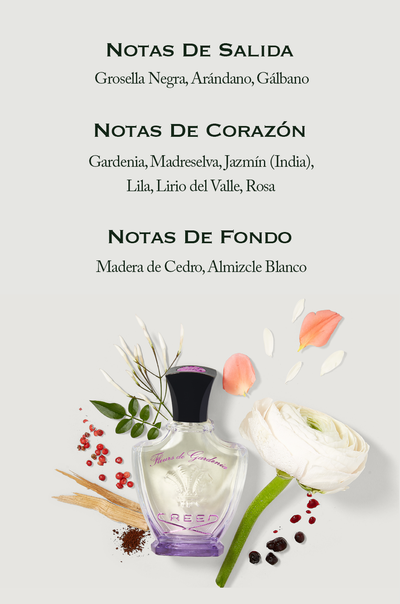 A bottle of Creed perfume labeled Fleurs de Gardenia is shown surrounded by flowers and botanical elements, alongside text reading Notas de Salida Grosella Negra, Arándano, Gálbano Notas de Corazón Gardenia, Madreselva, Jazmín (India), Lila, Lirio del Valle, Rosa Notas de Fondo Madera de Cedro, Almizcle Blanco CREED.