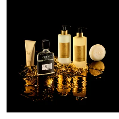 Creed Aventus fragrance bottle shower gel and after-shave lotion are shown with text CREED 1760 AVENTUS GEL DOUCHE SHOWER GEL CREED AVENTUS EMULSION APRES-RASAGE LOTION AFTER-SHAVE AVENTUS.